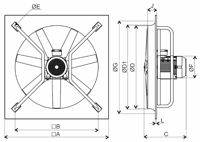 Габаритні розміри Soler&Palau HCBT/4-1000/H-AX, мм. Джерело: EasyVent, Soler&Palau.