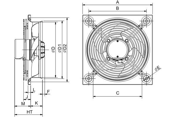 Габаритні розміри Soler&Palau HXTR/2-250, мм. Джерело: EasyVent, Soler&Palau.