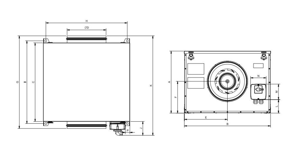 Габаритні розміри Soler&Palau CAB-150 ECOWATT N, мм. Джерело: EasyVent, Soler&Palau.