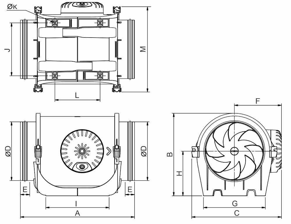 Габаритні розміри Soler&Palau TD EVO-250 PF ECOWATT, мм. Джерело: EasyVent, Soler&Palau.